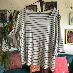 41 HAWTHORN size XL Ivory & Black Striped Stretch Knit Flared 3/4 Sleeve Top